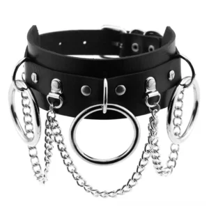 Black leather punk choker necklace with silver metal O-ring and layered chain accents, close-up product shot