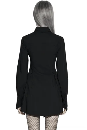 Black gothic asymmetrical punk dress back view on model, displaying fitted waist and tailored back construction with bishop sleeves