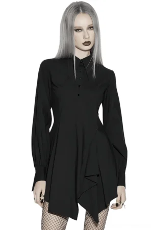 Black asymmetrical gothic punk shirt-dress front view on model with silver grey hair, showcasing swallow-tail sleeves and asymmetrical layered hem
