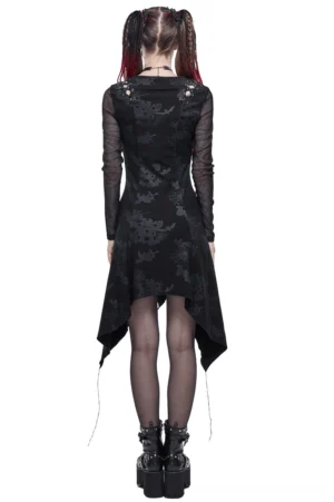 Black gothic punk asymmetrical dress back view showing lace-up shoulder details and mesh sleeve construction on model
