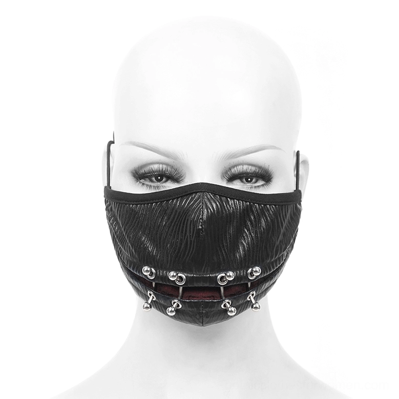 Front-facing view of black gothic punk face mask showing metal piercing ring trim around mouth opening and symmetrical design on white background