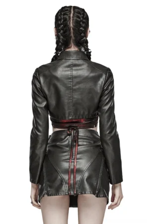 Black faux leather gothic jacket back view showing fitted sleeves and leather construction