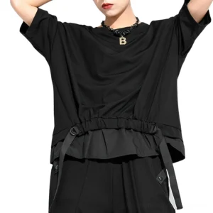 Black gothic ribbon t-shirt with drawstring hem, overhead front view on model, irregular ruffled trim detail