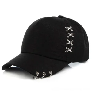 Black gothic metal ring baseball cap with three silver rings on brim, front view studio shot