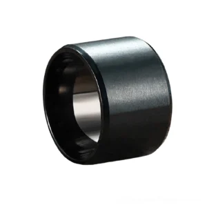 Side profile of black gothic statement ring displaying brushed exterior surface and polished interior band contrast