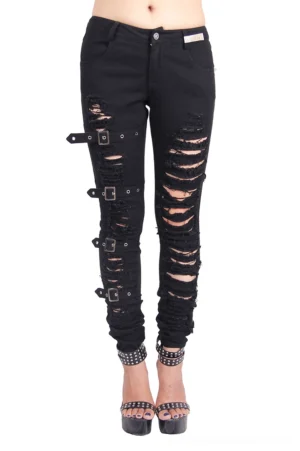 Women's black gothic ripped pants with side buckle straps, front full-body view on model