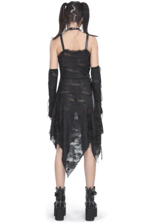 Black gothic ripped dress back view on goth model showing asymmetrical hem and long gloves, torn lace overlay