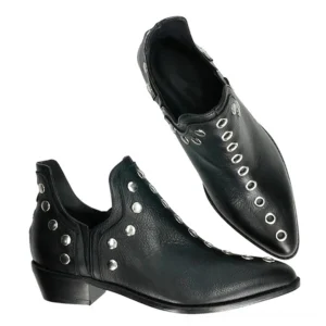 Black gothic rivet ankle boots with silver eyelets, side oblique view showing low block heel and pointed toe silhouette