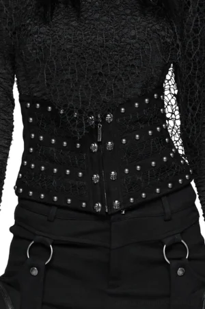 Black gothic rivet corset with lace mesh panels, front studio view showing skull studs and metal zipper detail