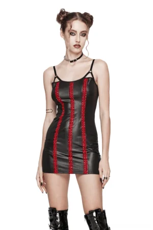 Black gothic rivet webbing mini dress front view on model with adjustable straps and red studded trim