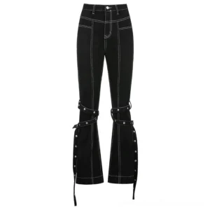 Black gothic rivet flare trousers front flat lay view showing contrast stitching and calf rivet strap details