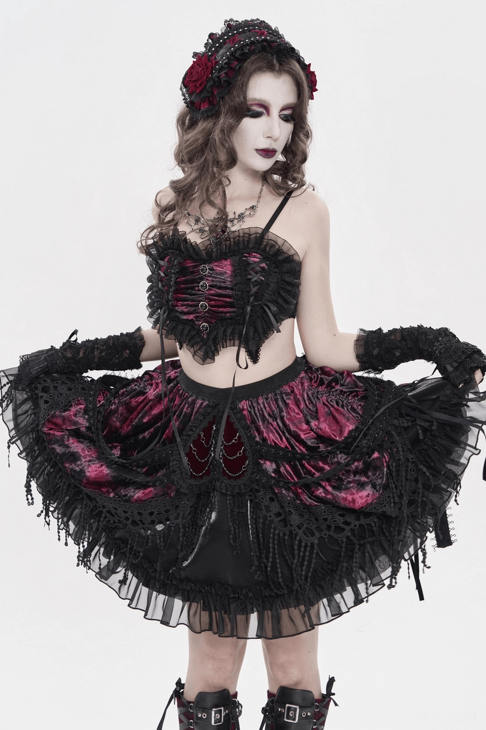 Black gothic rose bonnet showing complete bonnet structure with lace ruffles and rose decoration from different angle