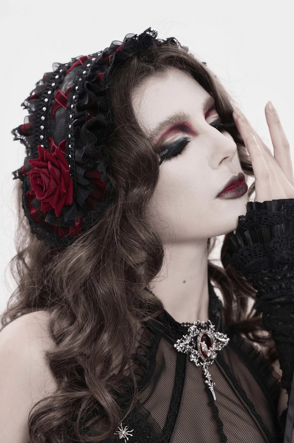 Black Victorian gothic rose bonnet with wine-red rose accent and delicate lace ruffles detail view