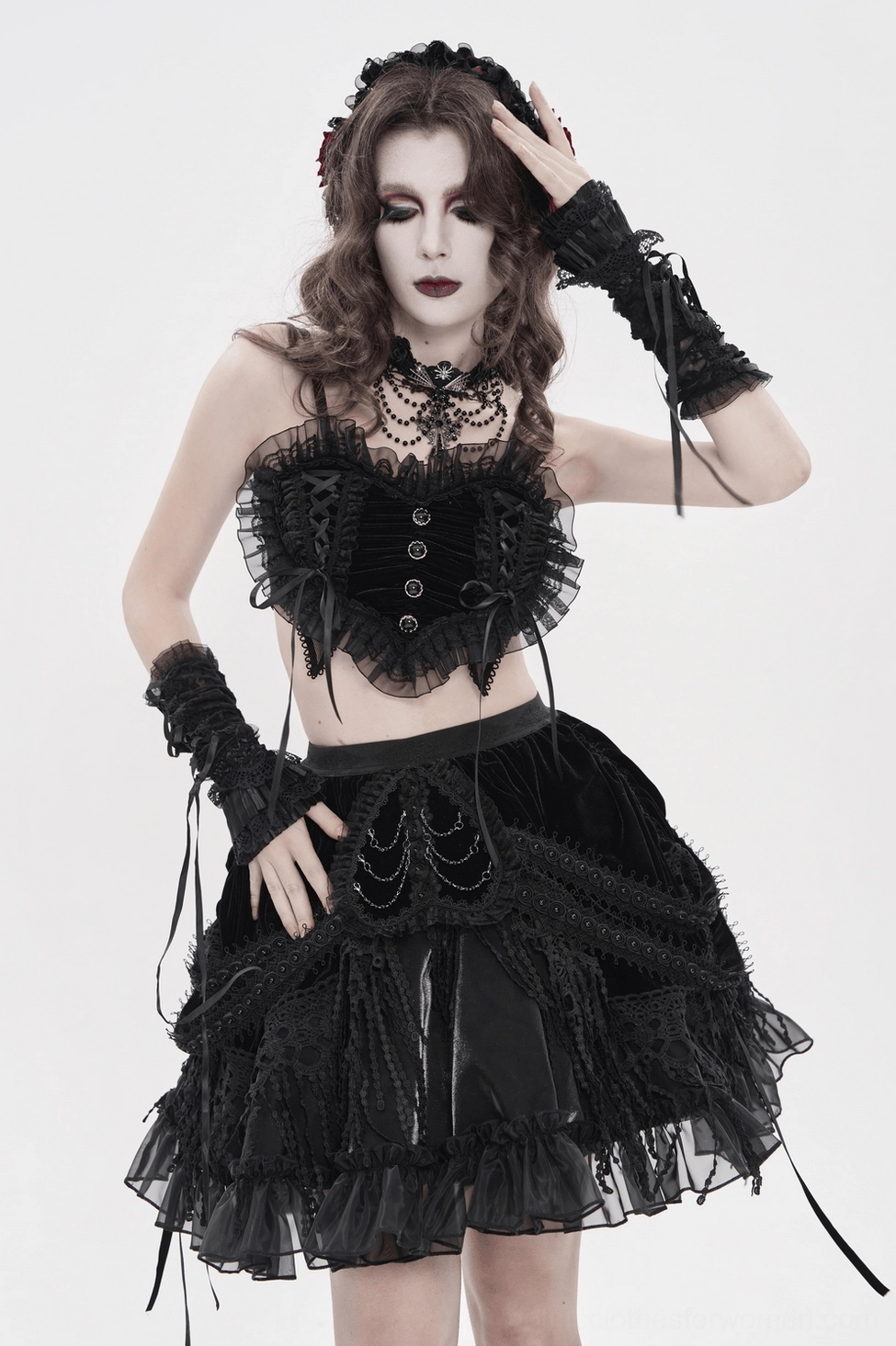 Black Victorian gothic rose bonnet main product view with wine-red roses and ribbon tie on plain background