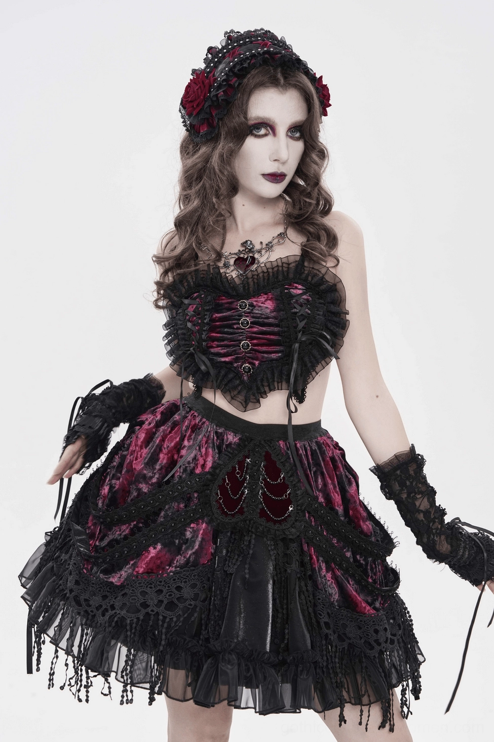 Black gothic rose bonnet showing structured Victorian Lolita silhouette and layered lace construction