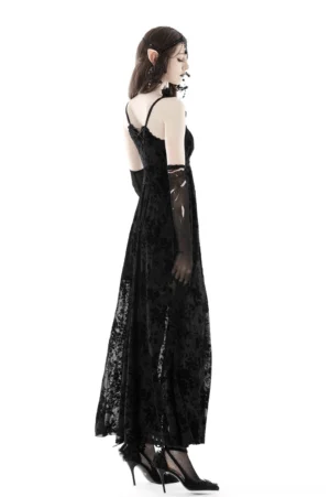 Black gothic rose lace maxi dress side profile showing floor-length hem and corset back lacing detail