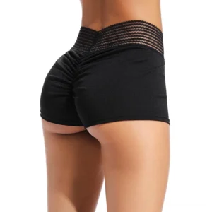 Black gothic high-waist ruched shorts with lace waistband, rear view showing sculptural back gathering detail