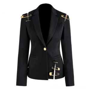 Black gothic blazer with gold safety pins front view - women's edgy jacket with tailored slim fit and notched collar
