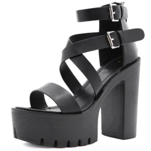 Black gothic sandals side view - adjustable silver metal buckle strap and chunky square heel platform