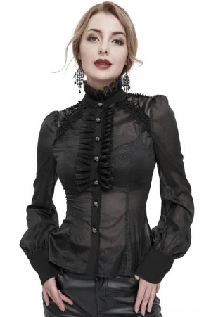 Black sheer gothic blouse front view with ruffled stand collar and lace-up back detail on model