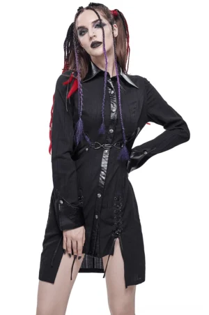 Black gothic lapel shirt dress with lace-up details and leather accents, front three-quarter view on model with colorful braids