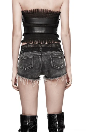 Back view of black high-waisted lace-trimmed denim shorts, displaying rear pockets and frayed hem edges with acid-wash gothic aesthetic