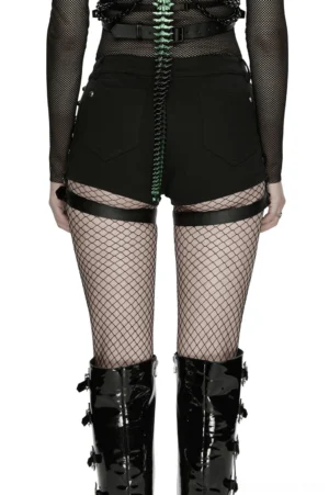 Gothic micro shorts with back view showing adjustable leg straps, back pockets, and mesh panel detail with model wearing fishnet stockings