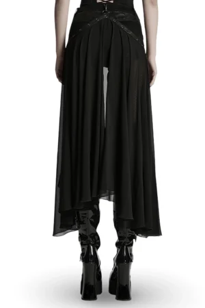 Rear view of gothic shorts with flowing asymmetrical floor-length chiffon cape, back perspective on model