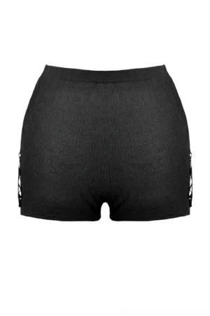 Black gothic high-waist shorts rear view showing solid back panel and elastic waistband - back flat lay