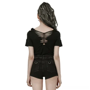 Black gothic skeleton cutout t-shirt back view on model, lace-up skeletal design with cold shoulder buckles