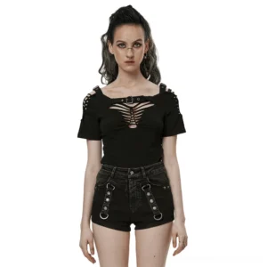 Black gothic skeleton cutout t-shirt front view on model, adjustable lace-up chest design with metal buckles