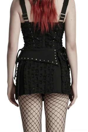Black gothic punk mini skirt back view showing distressed denim and studded pocket flap detail