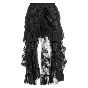 Black high-waist pleated gothic skirt with asymmetrical lace overlay front view flat lay