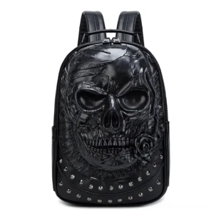 Black embossed skull leather backpack front view with studded trim and rose detail - gothic alternative fashion travel bag