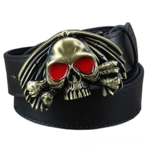 Black Gothic Skull Belt with Bronze Buckle and Red Eyes - Frontal View on White Background