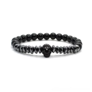 Black single-layer gothic skull bracelet with hematite beads and metal skull charm
