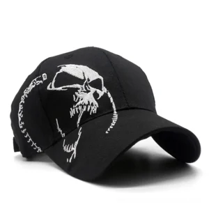 Black skull embroidered gothic baseball cap with white embroidery detail front view