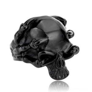 Black matte skull claw ring - gothic skeleton biker jewelry in blackened stainless steel, front side view with carved texture