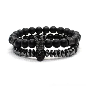 Black gothic dual-layer bracelet set with skull and crown charms, matte stone beads, unisex jewelry