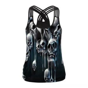 Black gothic skull tank top with crisscross hollow back straps, front view featuring bold skull print design on pure white background