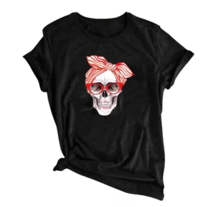 Black women's gothic skull print t-shirt with red scarf detail, flat lay front view