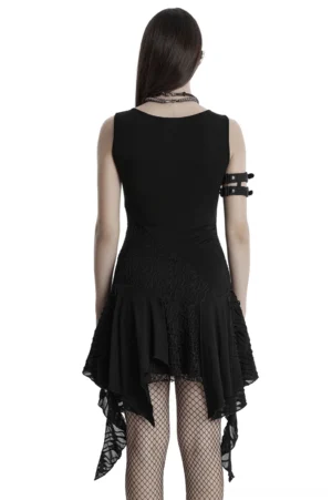 Gothic sleeveless dress with asymmetrical handkerchief hem and mesh ruffle, back view with fishnet styling