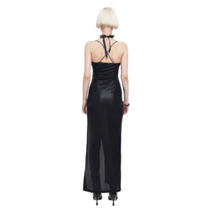 Black gothic high-slit maxi dress with halter back straps and ruched back design, back view on female model