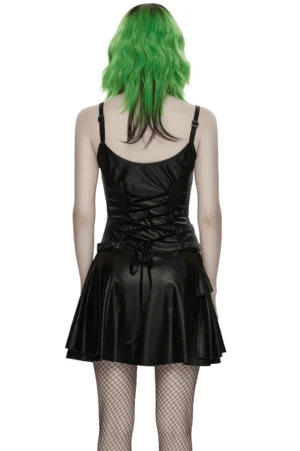 Black gothic slip dress showcasing lace-up corset back design, rear full-body view