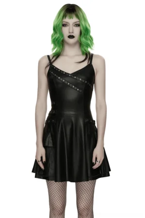 Black gothic slip dress with lace-up corset back and rivet trim worn by model, front full-body view