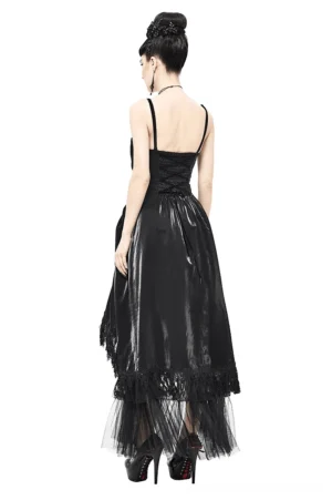 Gothic black slip dress rear view showing lace-up corset back design and ruffled tulle hem detail