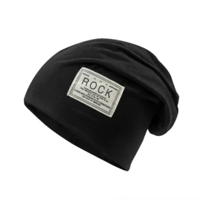 Black gothic slouch beanie with embroidered ROCK patch, side three-quarter view on white background