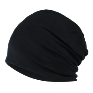 Black gothic slouch beanie hat with ruched design, soft stretch cotton fabric, three-quarter view