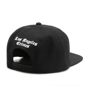 Black gothic snapback cap rear view showing adjustable plastic snap buckle closure and Los Angeles Crimes embroidery text