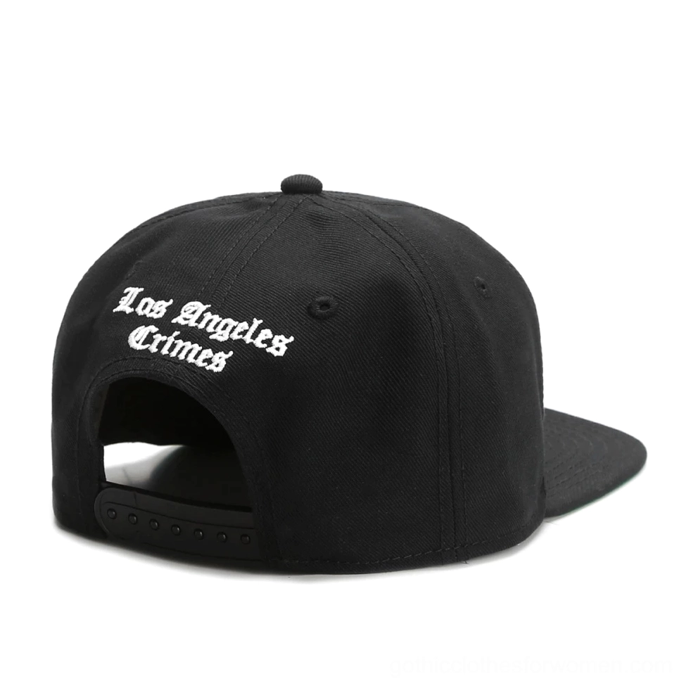 Black gothic snapback cap rear view showing adjustable plastic snap buckle closure and Los Angeles Crimes embroidery text